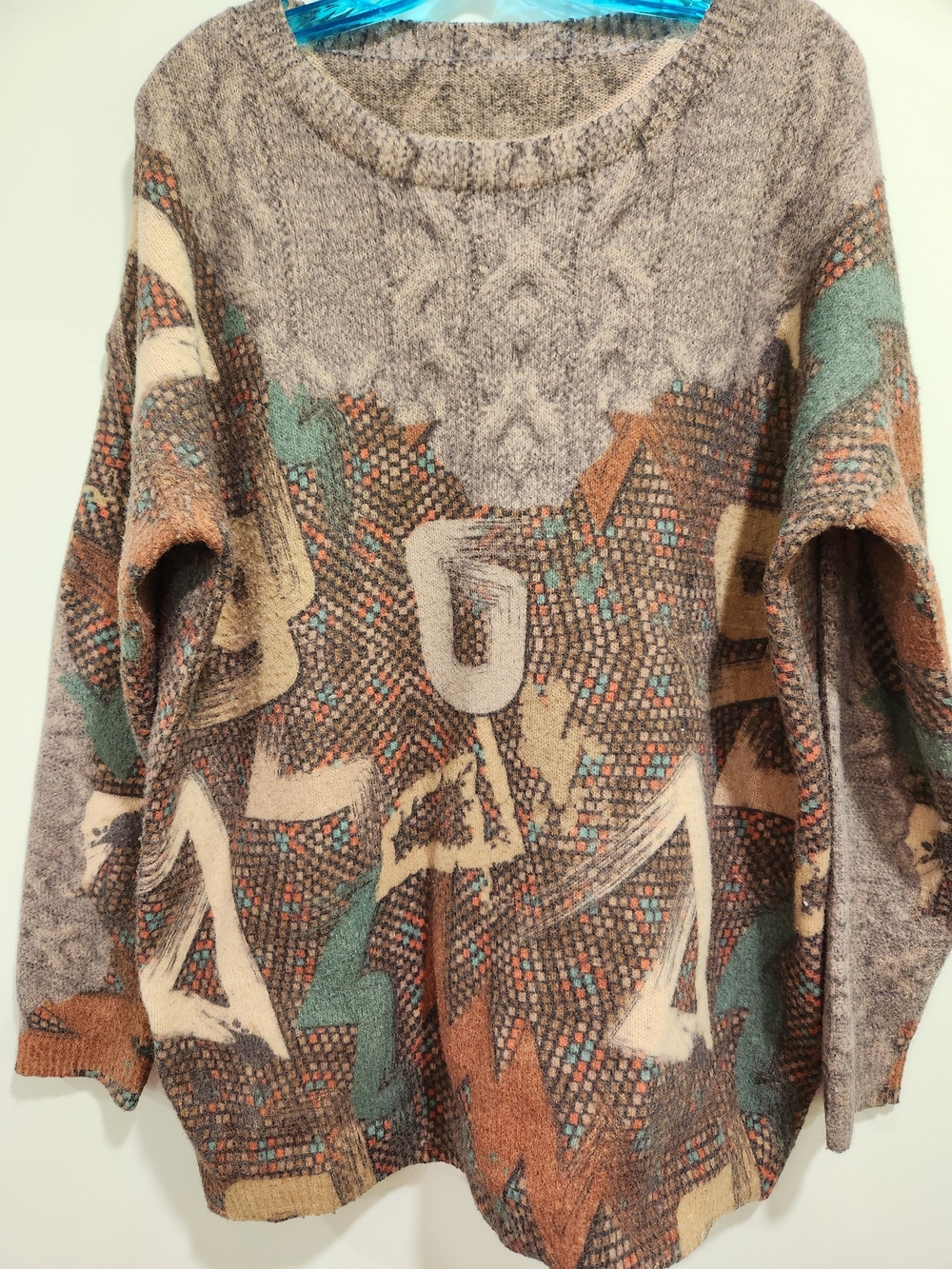 Men's Abstract Crewneck Sweater in Gray, Brown & Teal Vintage Cotton Wool Blend
